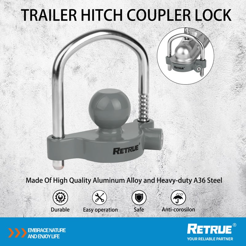 RETRUE Universal Coupler Lock Trailer Locks Ball Hitch Trailer Hitch Lock Adjustable Security Heavy-Duty Steel Fits 1-7/8 Inch, 2 Inch, 2-5/16 Inch Couplers, Grey - Image 5